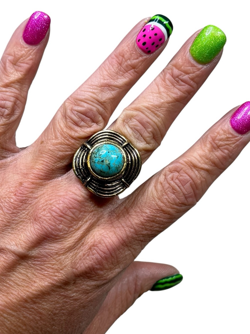 10/$25🦋 Boutique Bronze & Turquoise Round Stone Adjustable Ring